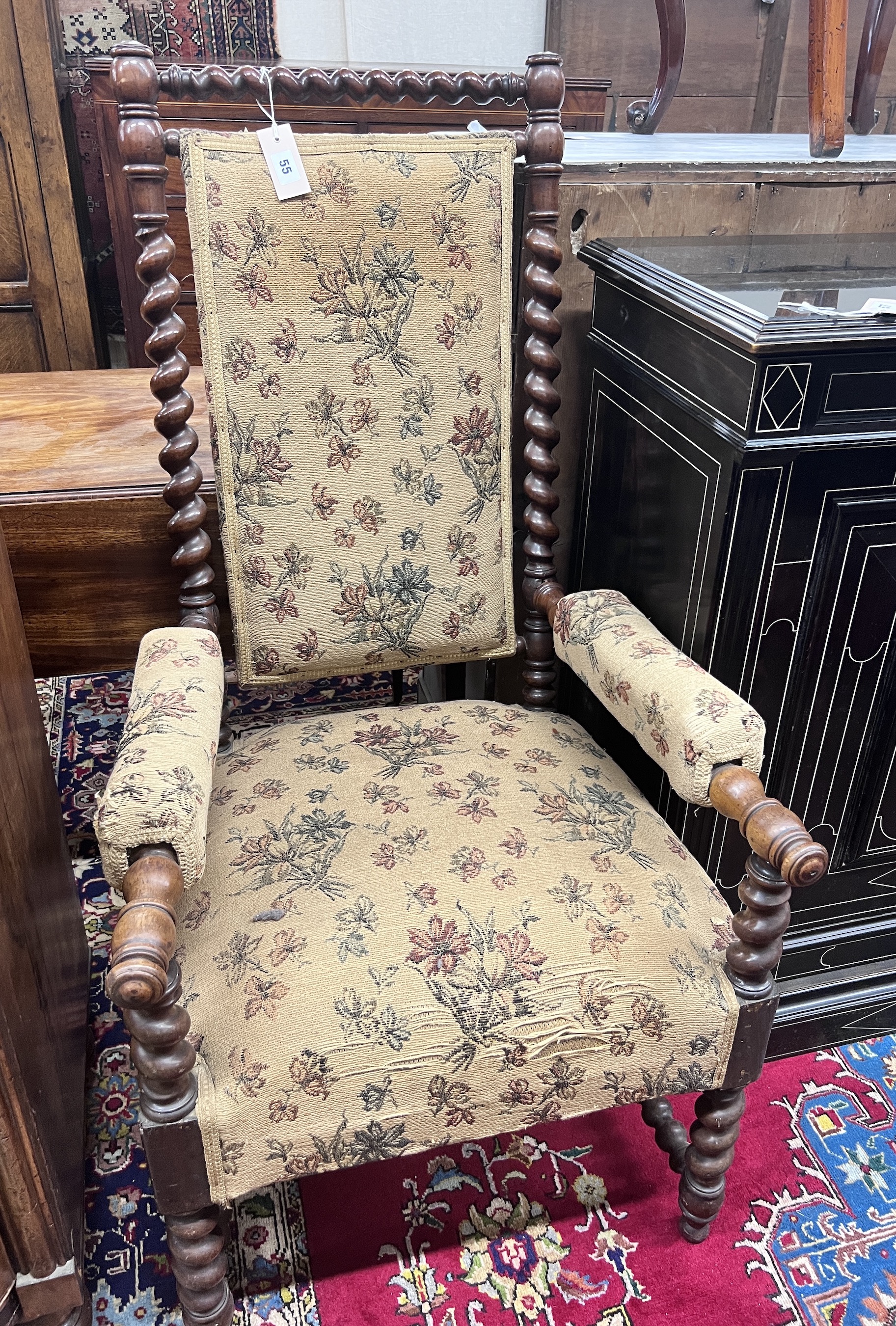 A Victorian carved spiral turned mahogany armchair, width 60cm, depth 60cm, height 118cm